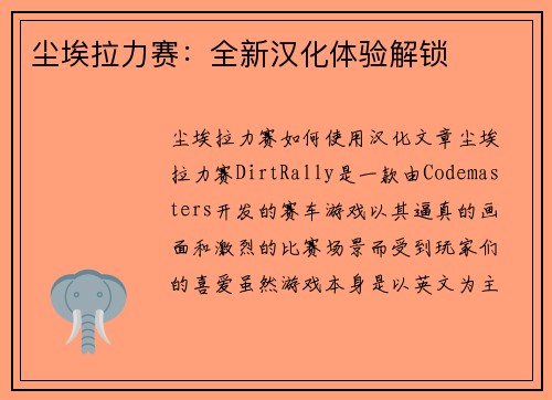 尘埃拉力赛：全新汉化体验解锁